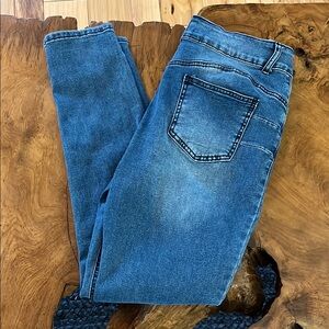 Blue Skinny Jeans with Whiskering and Fading